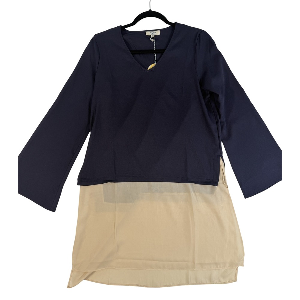 Hayden Tunic Top Women Small Blue Tan New Layered V-Neck Long Sleeve H3901